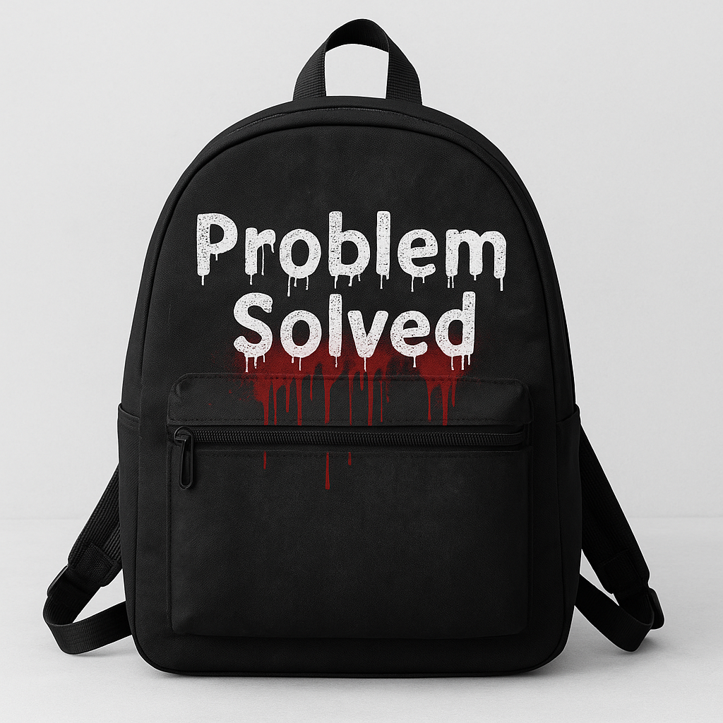 “Problem Solved” Blood-Drip Gothic Backpack — Dark Humor Meets Heavy Metal Style