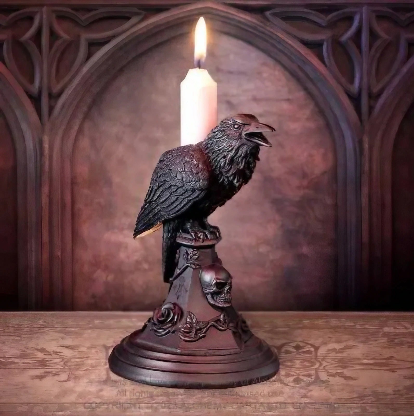 Gothic Halloween Candle Holder 🕯️ – Owl & Raven Resin Tabletop Décor