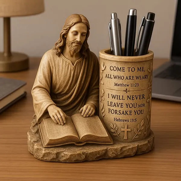 Jesus Pen Holder ✝️ – Inspirational Desk Organizer with Bible Verse