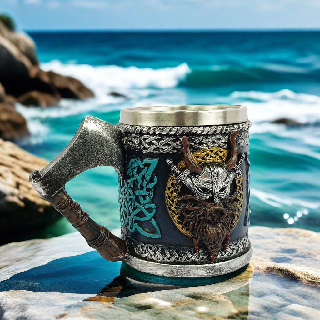 Viking Warrior Axe Handle Beer Mug, 15oz Resin & Stainless Steel Norse Tankard, Medieval Viking Drinking Cup | 50% OFF, FREE SHIPPING