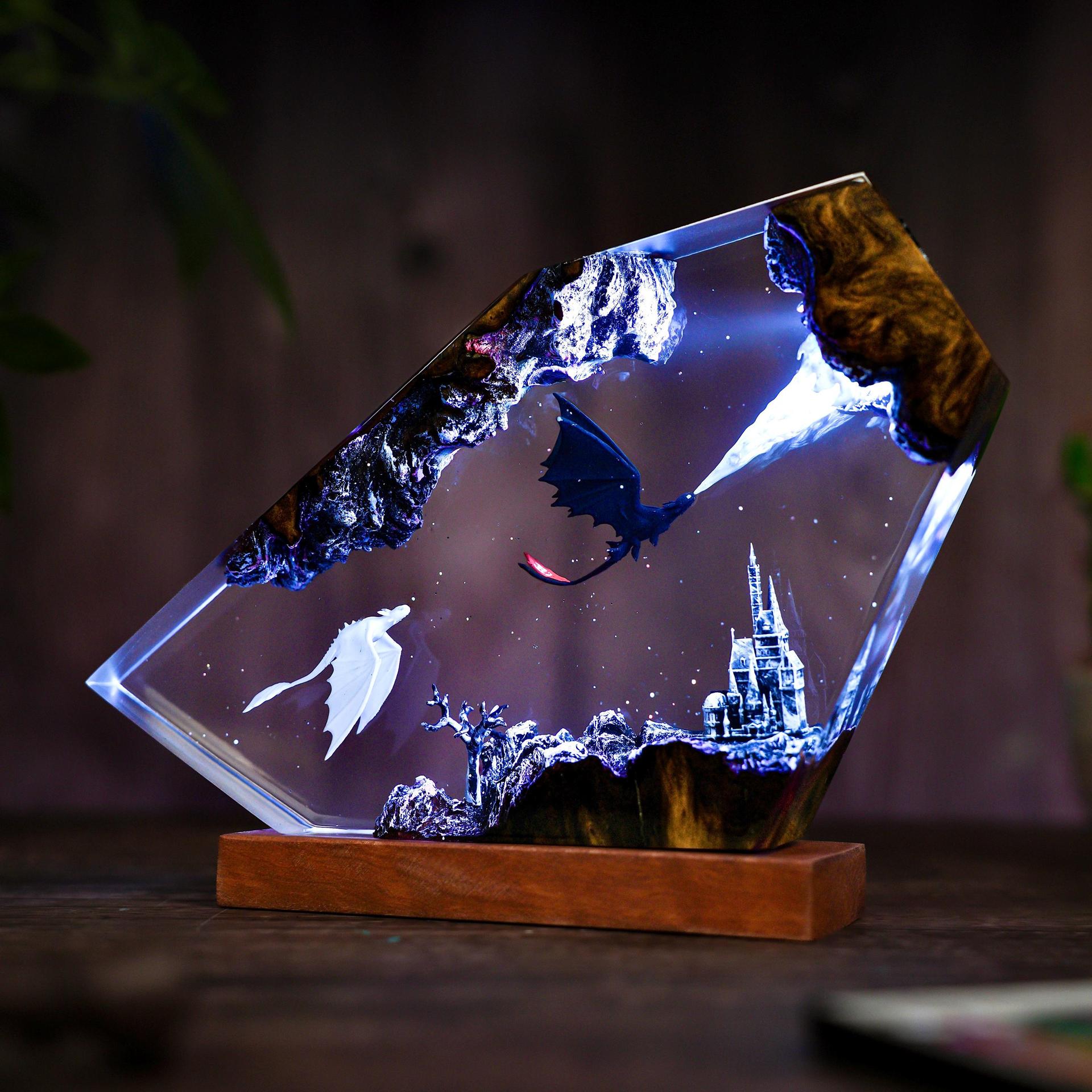 Handmade Dragon Resin Lamp – Toothless-Inspired “How to Train Your Dragon” Night Light, Epoxy & Wood Burl Decor Gift | 50% OFF, FREE SHIPPING