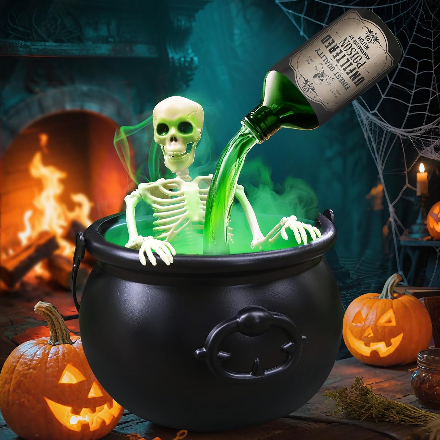 💀 Halloween Cauldron with Floating Potion Bottles & Fog - Spooky Skeleton Witch Decor | 50% OFF, FREE SHIPPING