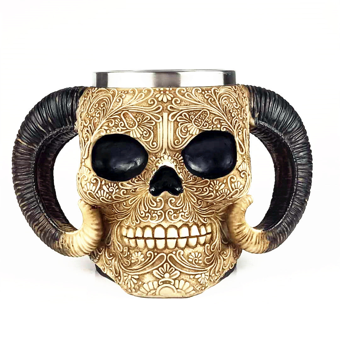 Horned Skull Beer Mug, 20oz Creative Viking Skull Stein with Horn Handle, Gothic Medieval Tankard for Beer, Coffee & Halloween Party Decor | 50% OFF, FREE SHIPPING