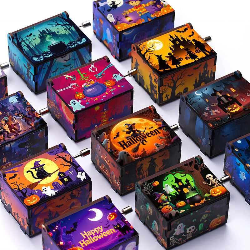 🎶 Halloween Hand-Crank Music Box – Painted 6-Sided Wooden Collectible | 50% OFF, FREE SHIPPING