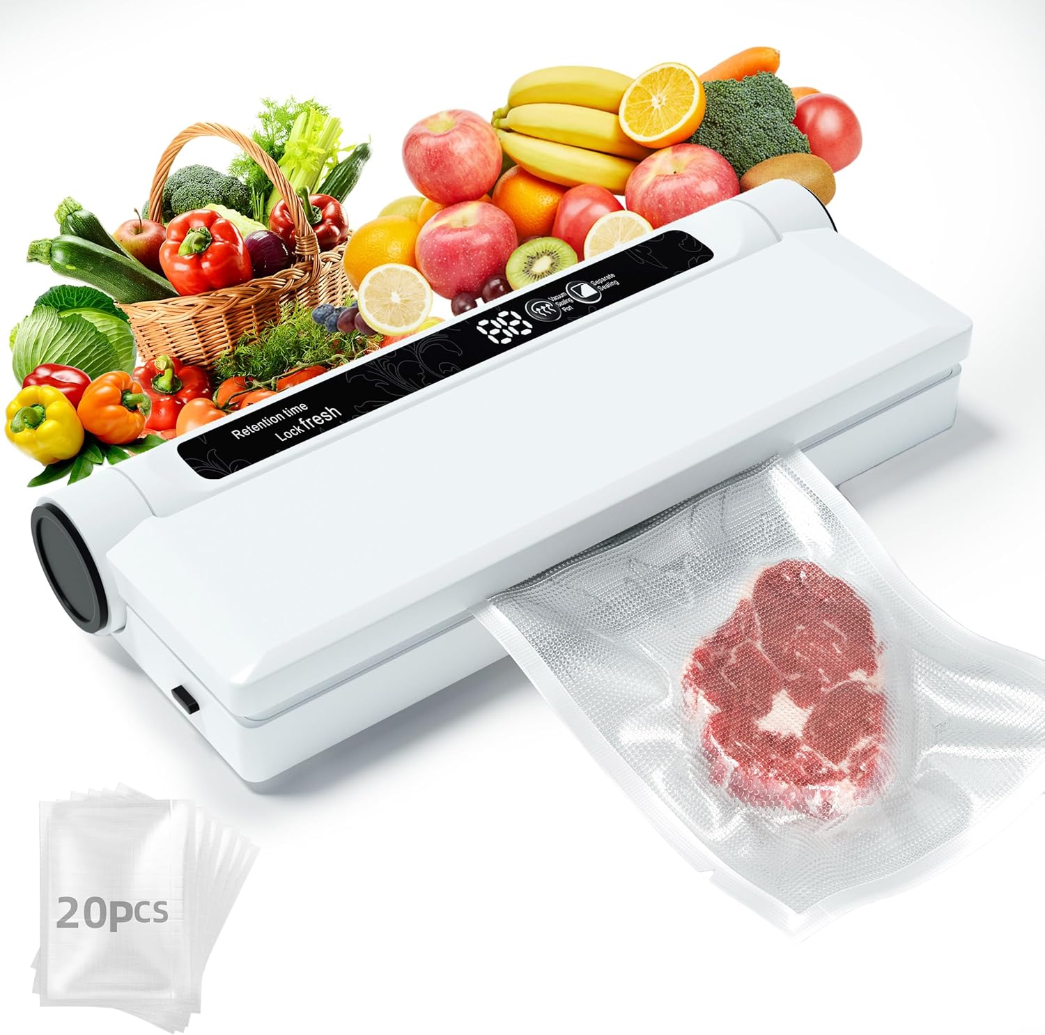 Food Vacuum Sealer Machine 75KPA with Dry/Wet Modes & 20 Seal Bags - Compact Kitchen Sealer | 50% OFF, FREE SHIPPING