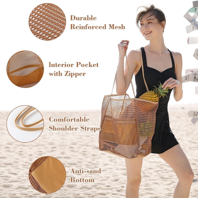 Foldable beach bag, mesh tote bag, women's shoulder bag, summer outdoor travel essential | FREE SHIPPING