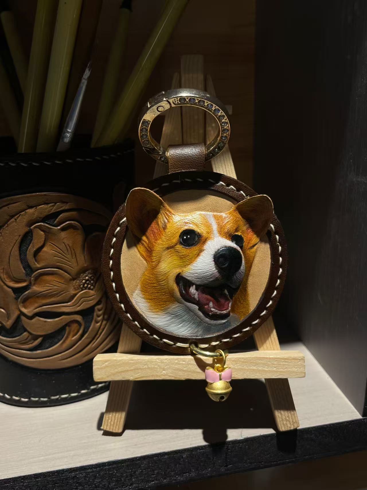 Handcrafted Pet Portrait Leather Carving – Custom Engravable Collar Charm or Keychain