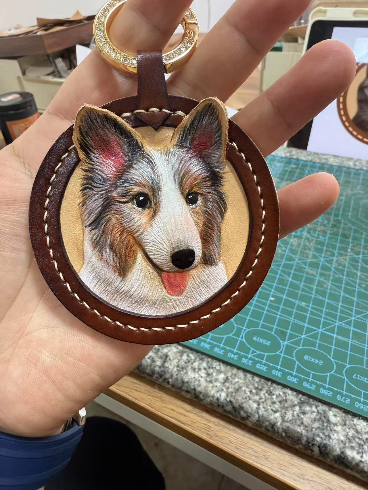 Handcrafted Pet Portrait Leather Carving – Custom Engravable Collar Charm or Keychain