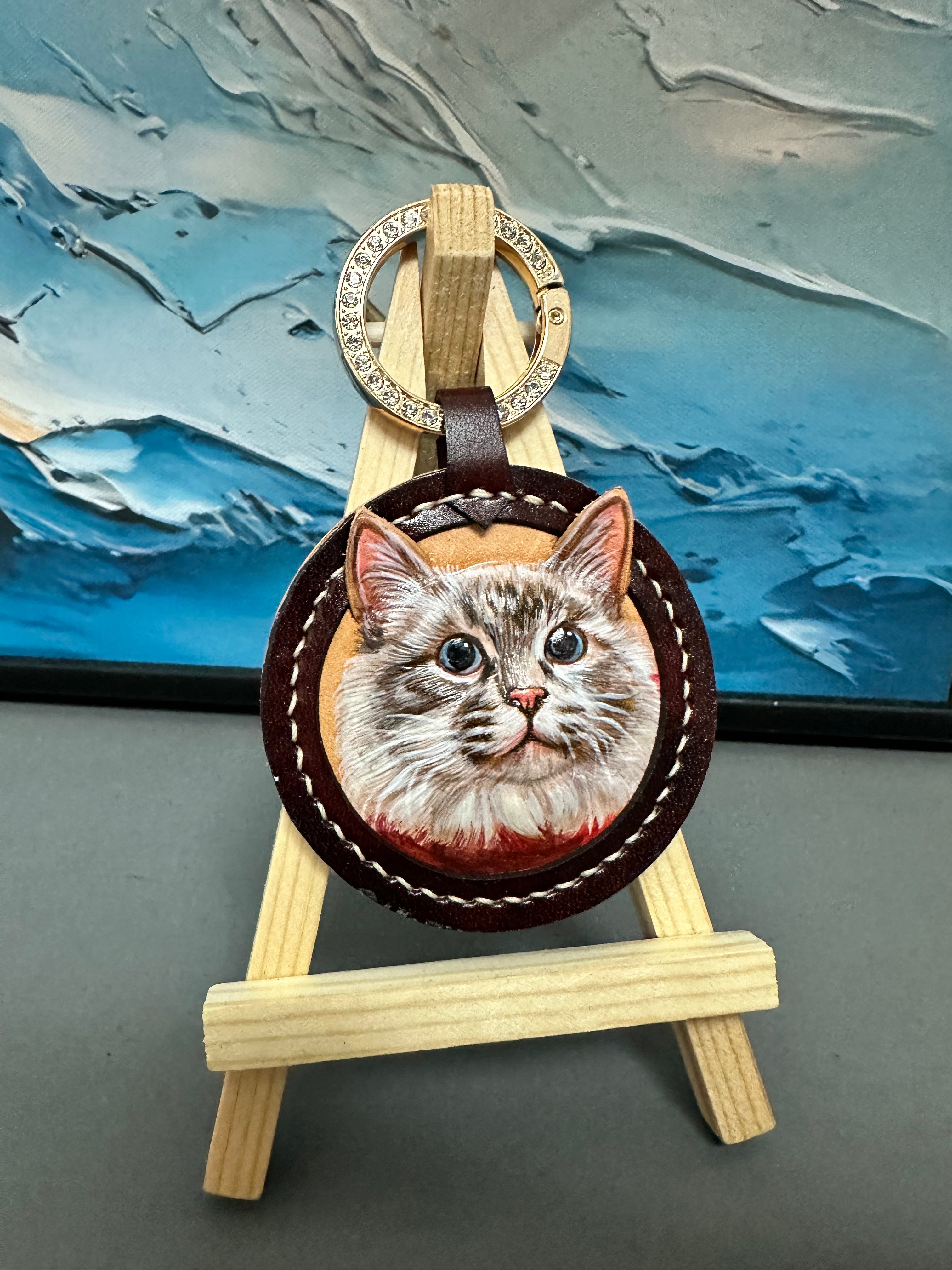 Handcrafted Pet Portrait Leather Carving – Custom Engravable Collar Charm or Keychain