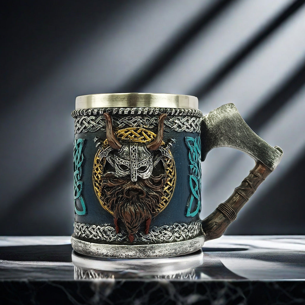 Viking Warrior Axe Handle Beer Mug, 15oz Resin & Stainless Steel Norse Tankard, Medieval Viking Drinking Cup | 50% OFF, FREE SHIPPING