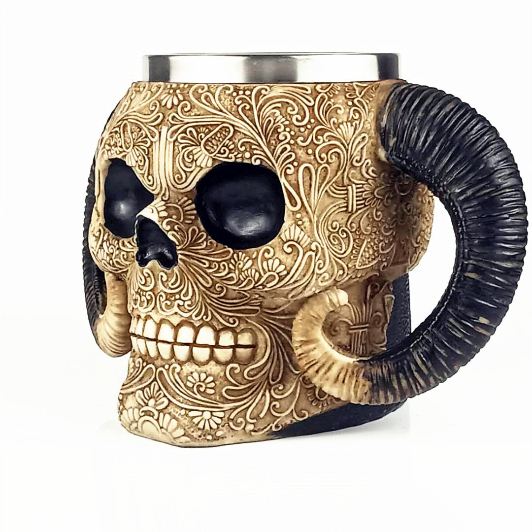 Horned Skull Beer Mug, 20oz Creative Viking Skull Stein with Horn Handle, Gothic Medieval Tankard for Beer, Coffee & Halloween Party Decor | 50% OFF, FREE SHIPPING