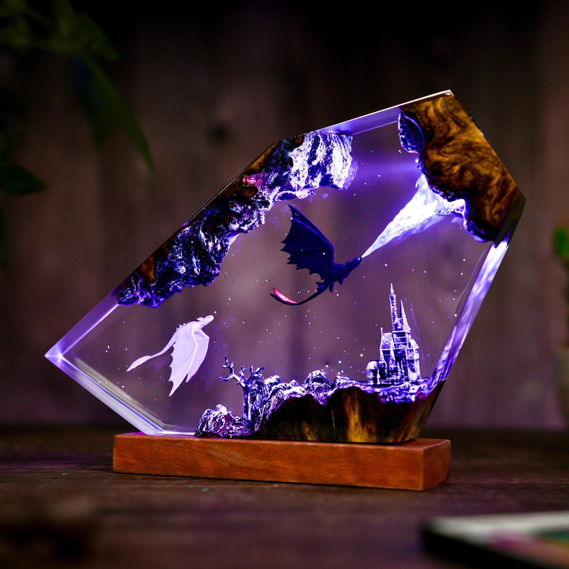Handmade Dragon Resin Lamp – Toothless-Inspired “How to Train Your Dragon” Night Light, Epoxy & Wood Burl Decor Gift | 50% OFF, FREE SHIPPING