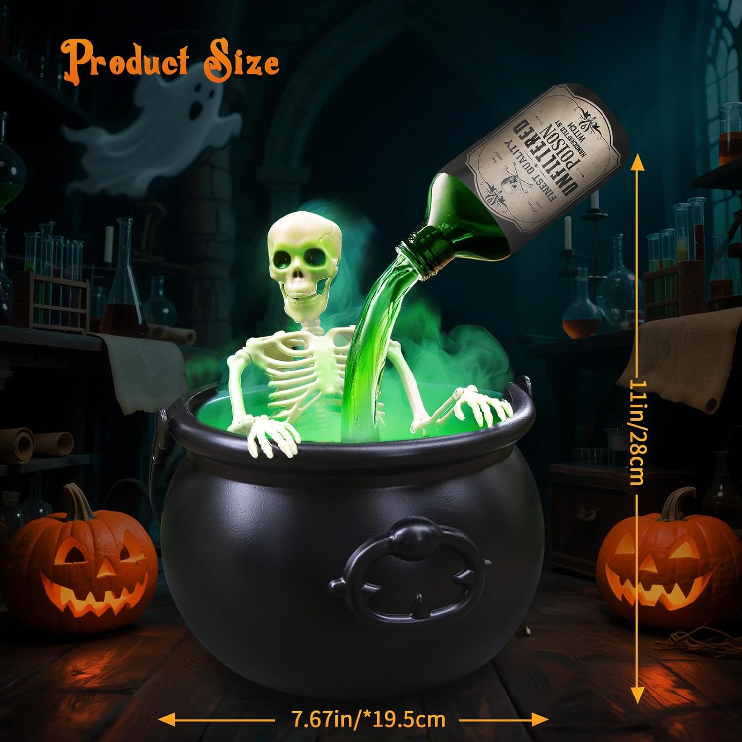 💀 Halloween Cauldron with Floating Potion Bottles & Fog - Spooky Skeleton Witch Decor | 50% OFF, FREE SHIPPING