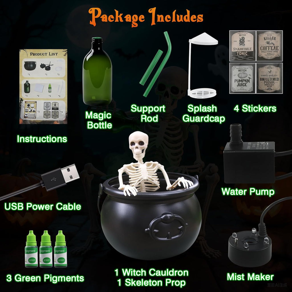 💀 Halloween Cauldron with Floating Potion Bottles & Fog - Spooky Skeleton Witch Decor | 50% OFF, FREE SHIPPING