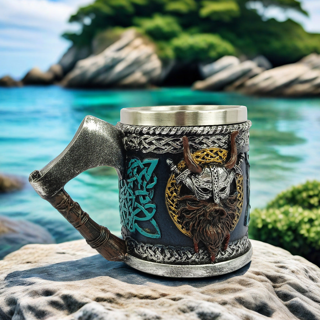 Viking Warrior Axe Handle Beer Mug, 15oz Resin & Stainless Steel Norse Tankard, Medieval Viking Drinking Cup | 50% OFF, FREE SHIPPING