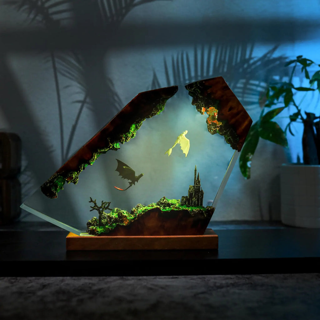 Handmade Dragon Resin Lamp – Toothless-Inspired “How to Train Your Dragon” Night Light, Epoxy & Wood Burl Decor Gift | 50% OFF, FREE SHIPPING