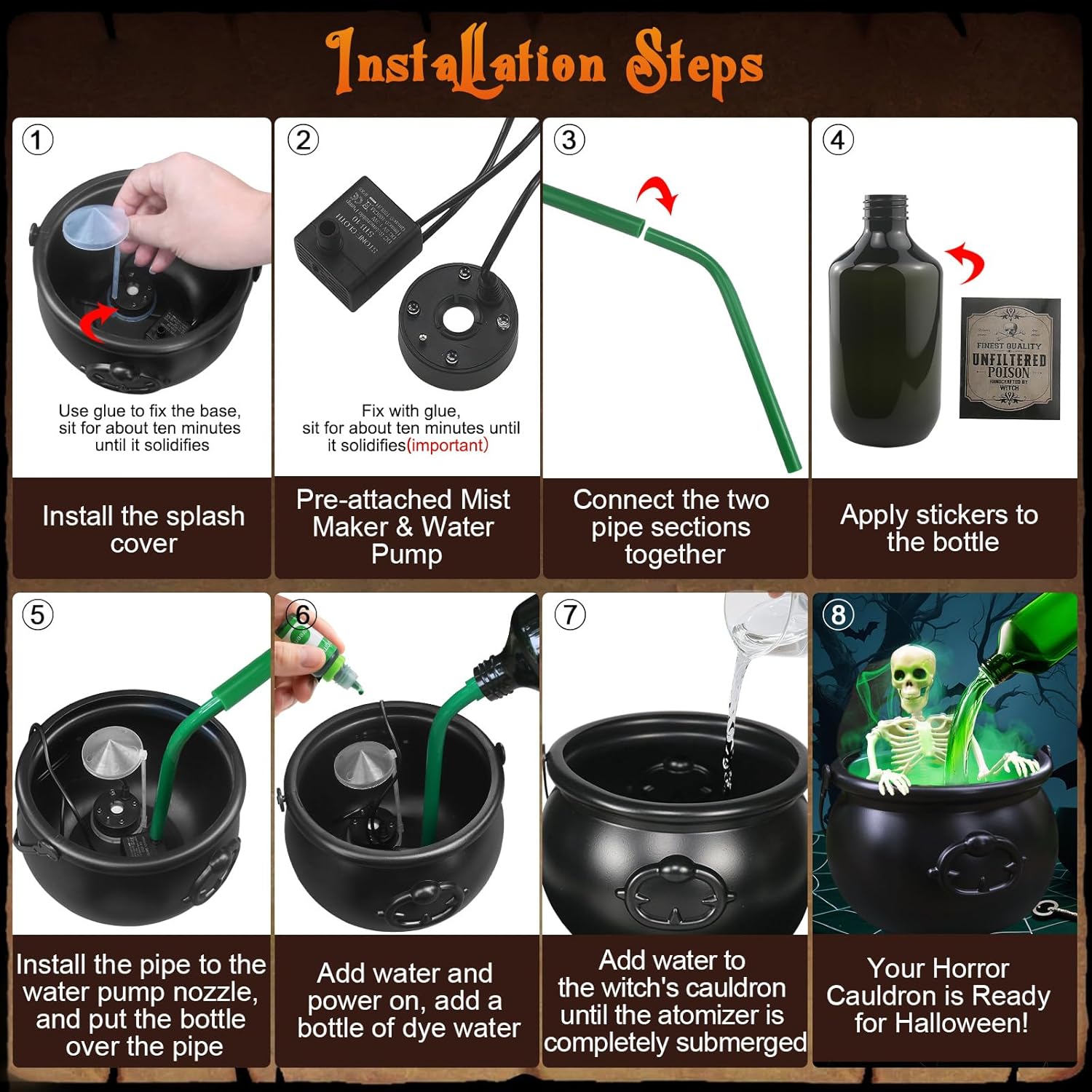 💀 Halloween Cauldron with Floating Potion Bottles & Fog - Spooky Skeleton Witch Decor | 50% OFF, FREE SHIPPING