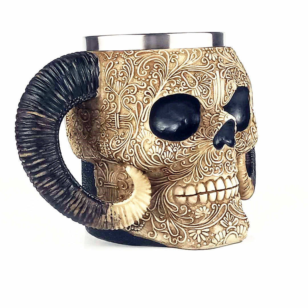 Horned Skull Beer Mug, 20oz Creative Viking Skull Stein with Horn Handle, Gothic Medieval Tankard for Beer, Coffee & Halloween Party Decor | 50% OFF, FREE SHIPPING