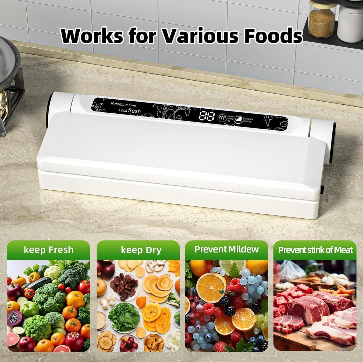 Food Vacuum Sealer Machine 75KPA with Dry/Wet Modes & 20 Seal Bags - Compact Kitchen Sealer | 50% OFF, FREE SHIPPING