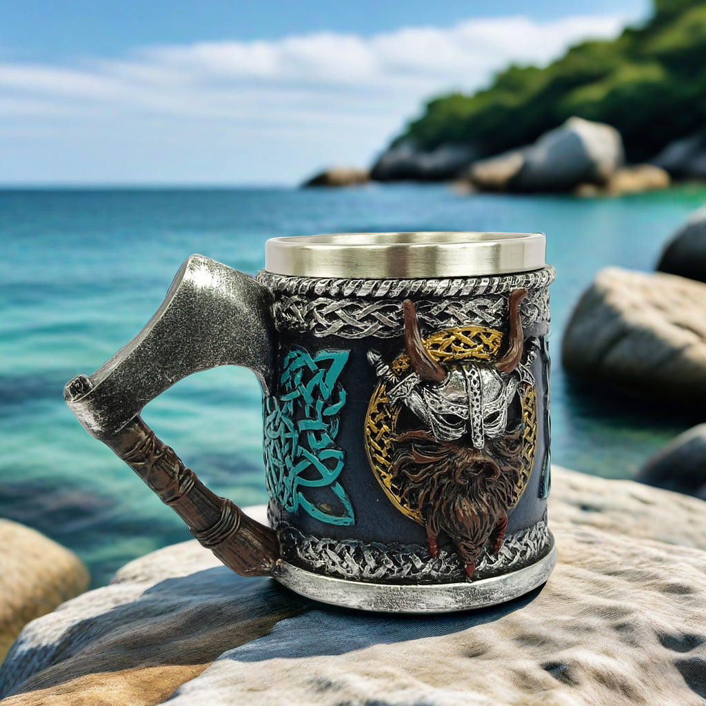 Viking Warrior Axe Handle Beer Mug, 15oz Resin & Stainless Steel Norse Tankard, Medieval Viking Drinking Cup | 50% OFF, FREE SHIPPING
