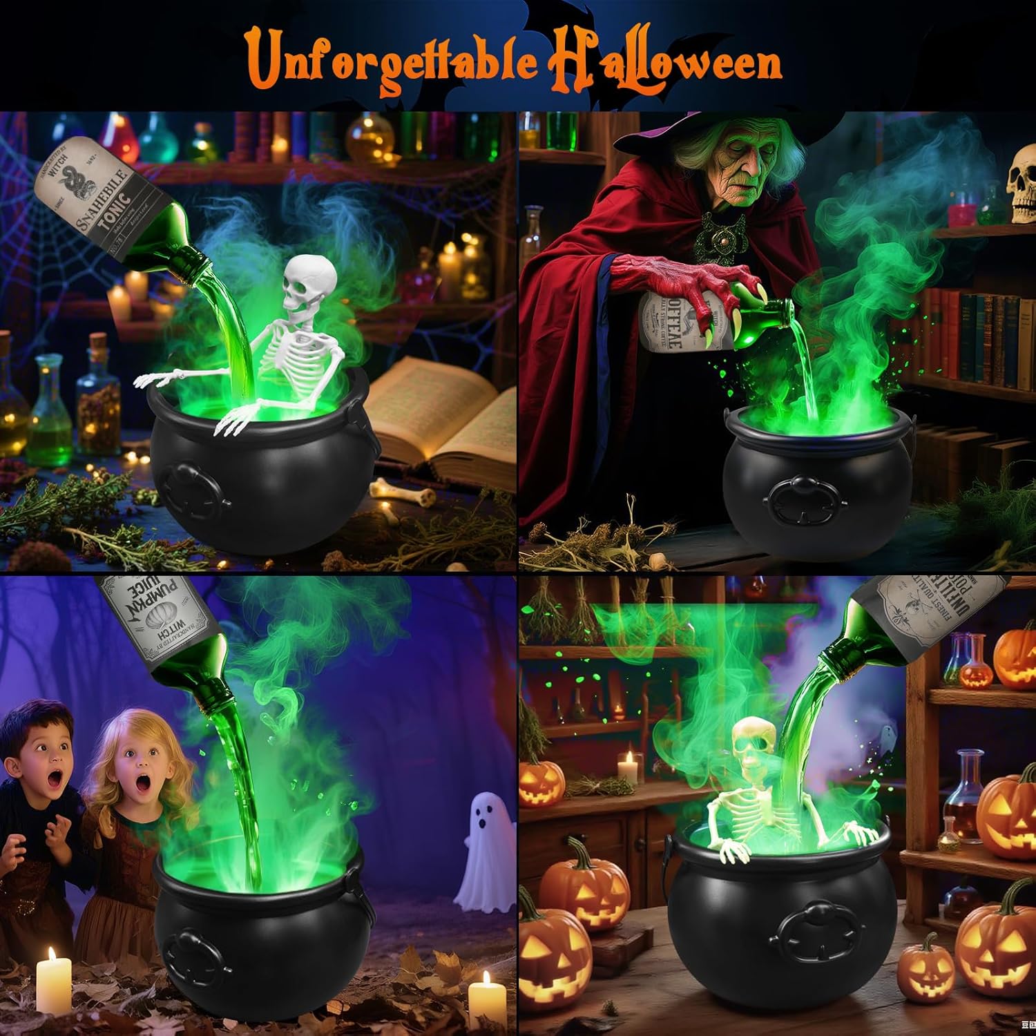 💀 Halloween Cauldron with Floating Potion Bottles & Fog - Spooky Skeleton Witch Decor | 50% OFF, FREE SHIPPING
