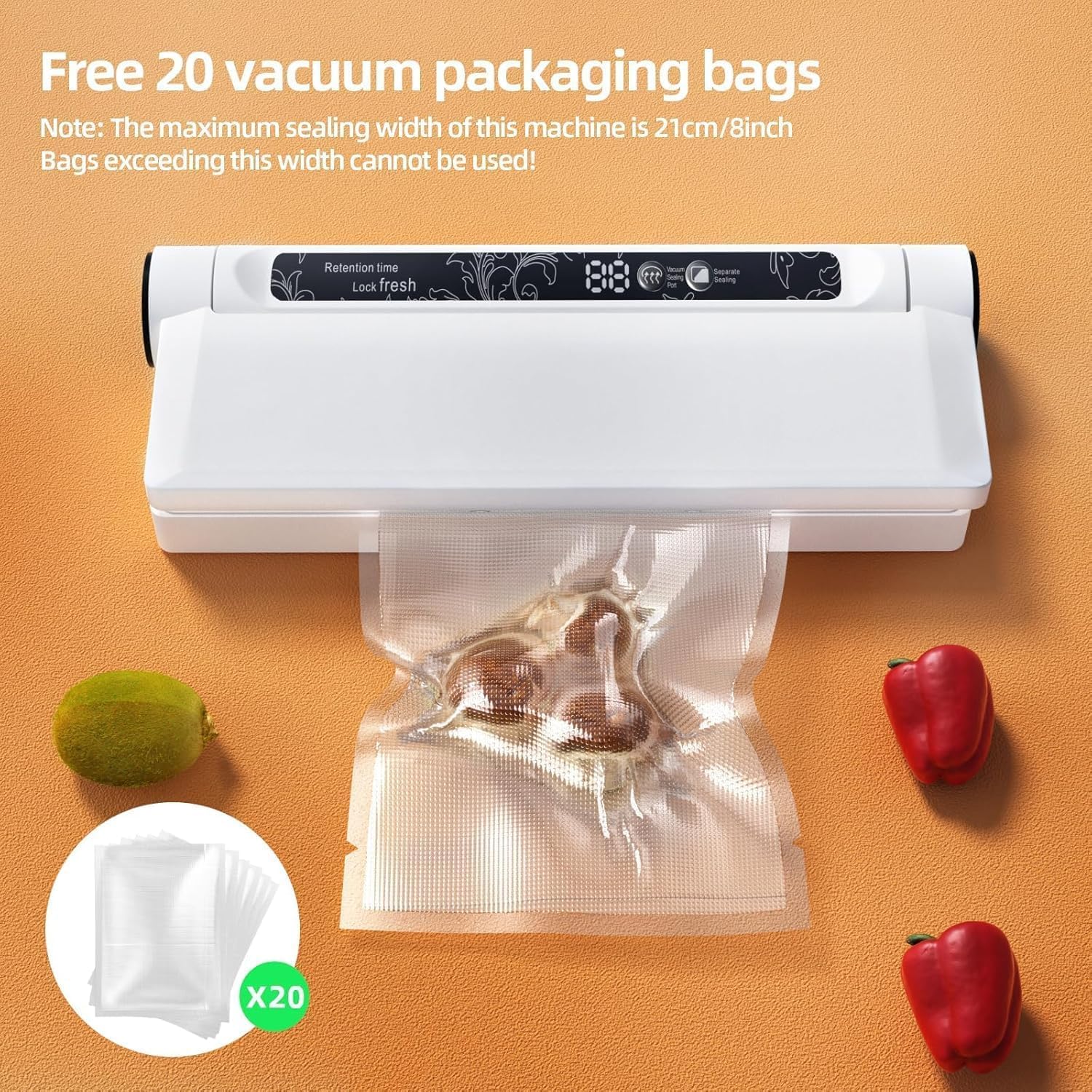 Food Vacuum Sealer Machine 75KPA with Dry/Wet Modes & 20 Seal Bags - Compact Kitchen Sealer | 50% OFF, FREE SHIPPING