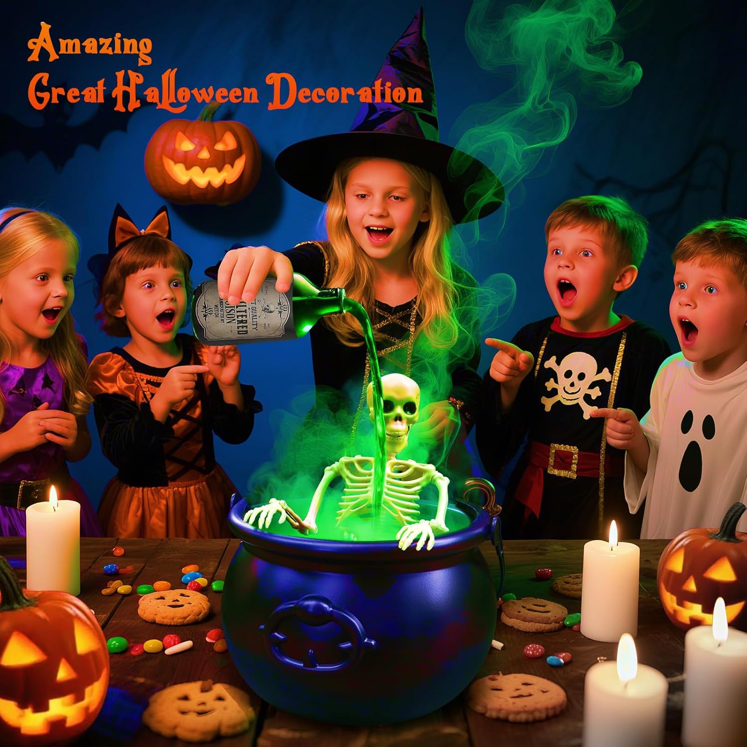 💀 Halloween Cauldron with Floating Potion Bottles & Fog - Spooky Skeleton Witch Decor | 50% OFF, FREE SHIPPING