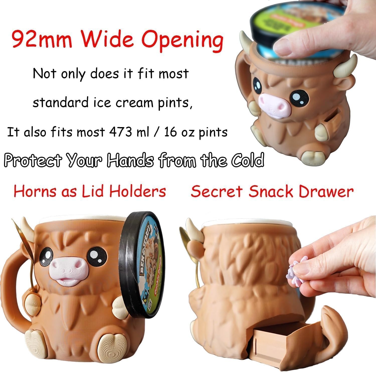 Highland Cow Ice Pint Holder 🐮❄️ – Cute Freezer Dessert Keeper with Spoon & Drawer