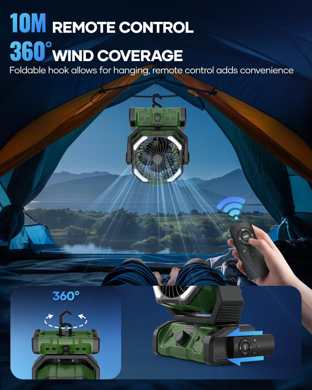 Rechargeable Camping Fan – 24000mAh Battery, LED Light, 360° Oscillation
