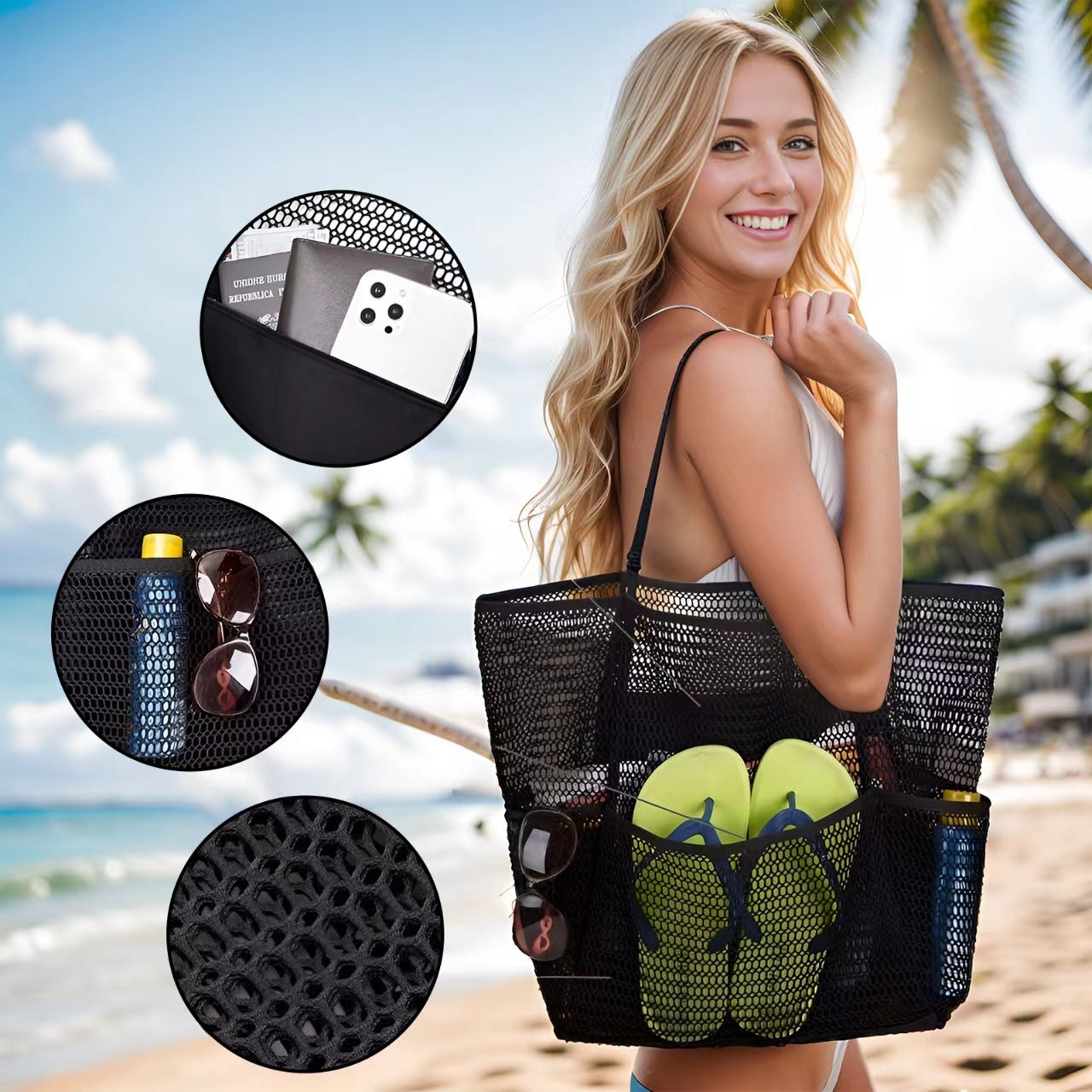 🏖️ Hot-Selling Double-Layer Mesh Beach Bag – Swim, Shower &amp; Toiletries Storage Tote