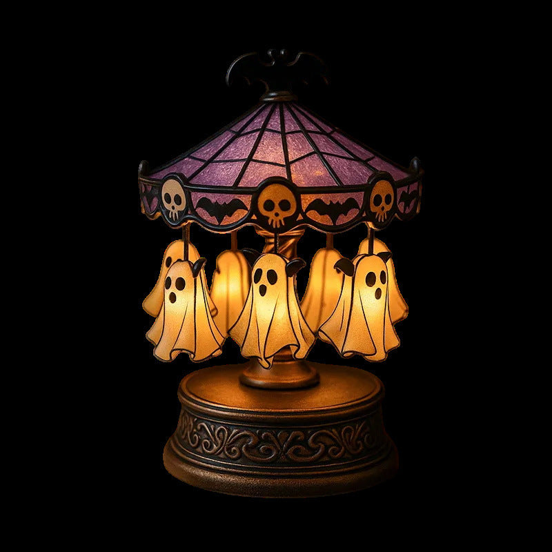 🎠 Ghost Rotating Wooden Horse Lantern – Spooky Halloween Carousel Light