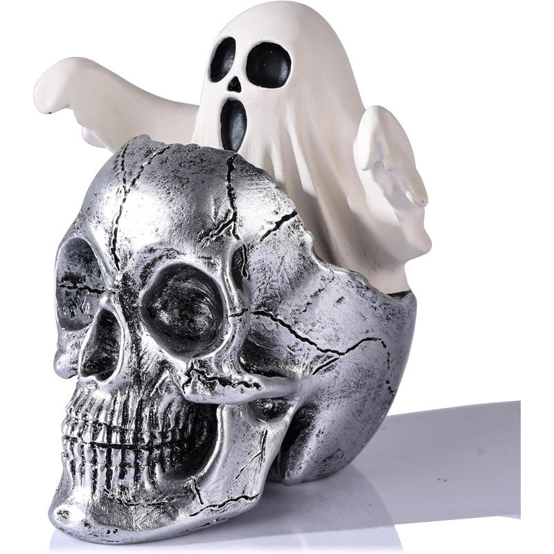 💀👻 Halloween Ghost Skeleton – Spooky Skull with Cute Little Ghost Figurine!