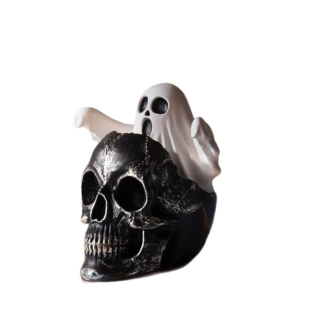 💀👻 Halloween Ghost Skeleton – Spooky Skull with Cute Little Ghost Figurine!