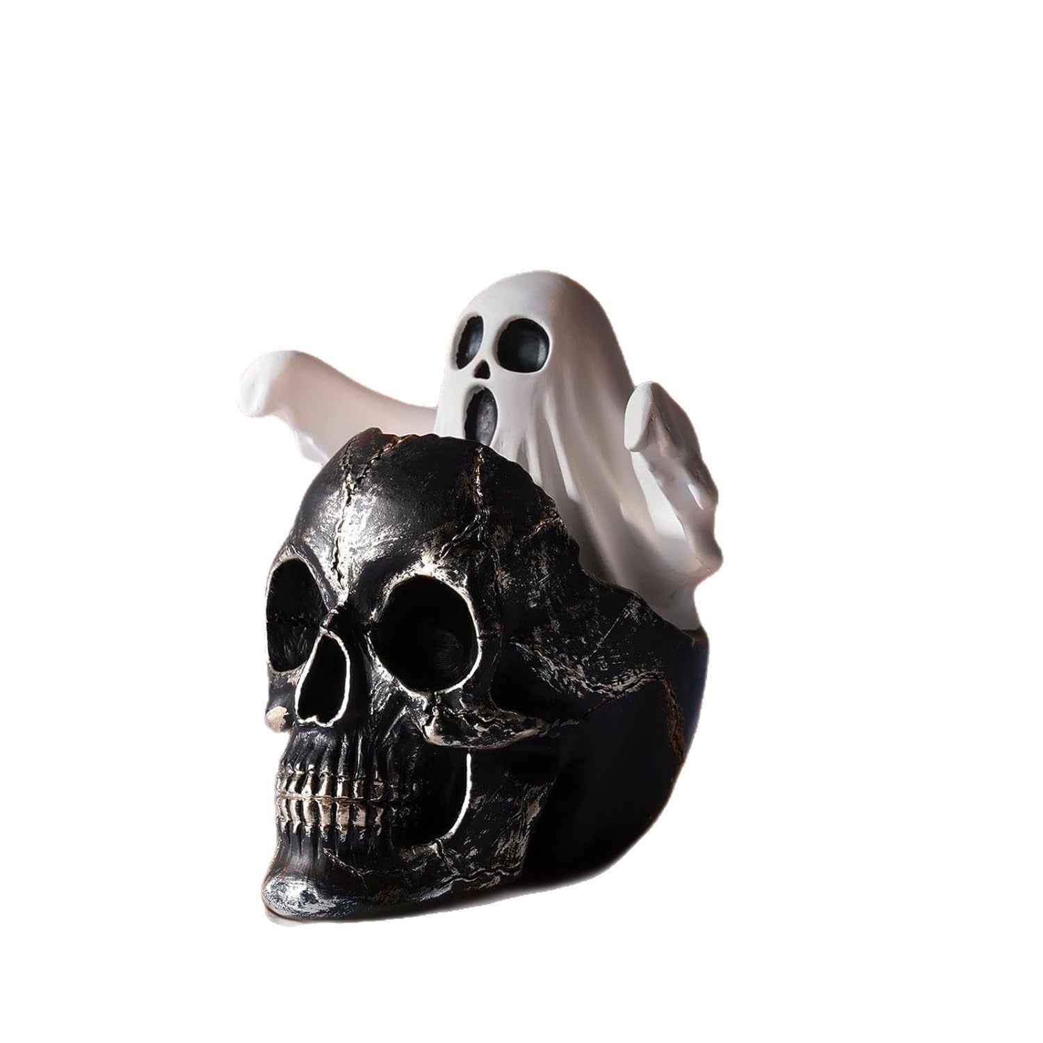 💀👻 Halloween Ghost Skeleton – Spooky Skull with Cute Little Ghost Figurine!