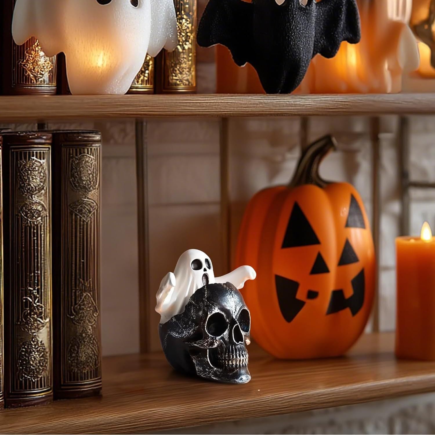 💀👻 Halloween Ghost Skeleton – Spooky Skull with Cute Little Ghost Figurine!