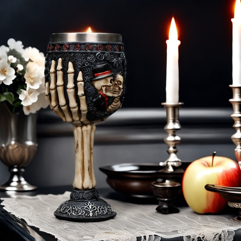 💑 Couples’ Decorative Wine Glass – Resin & Stainless Steel Cocktail Goblets | Halloween & Wedding Gift