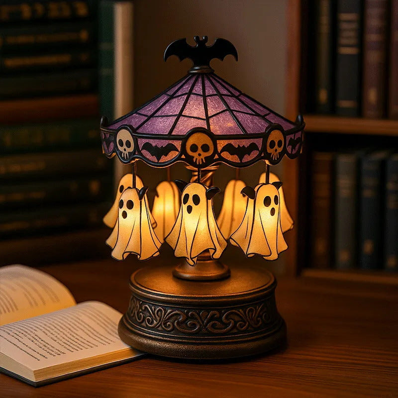 🎠 Ghost Rotating Wooden Horse Lantern – Spooky Halloween Carousel Light
