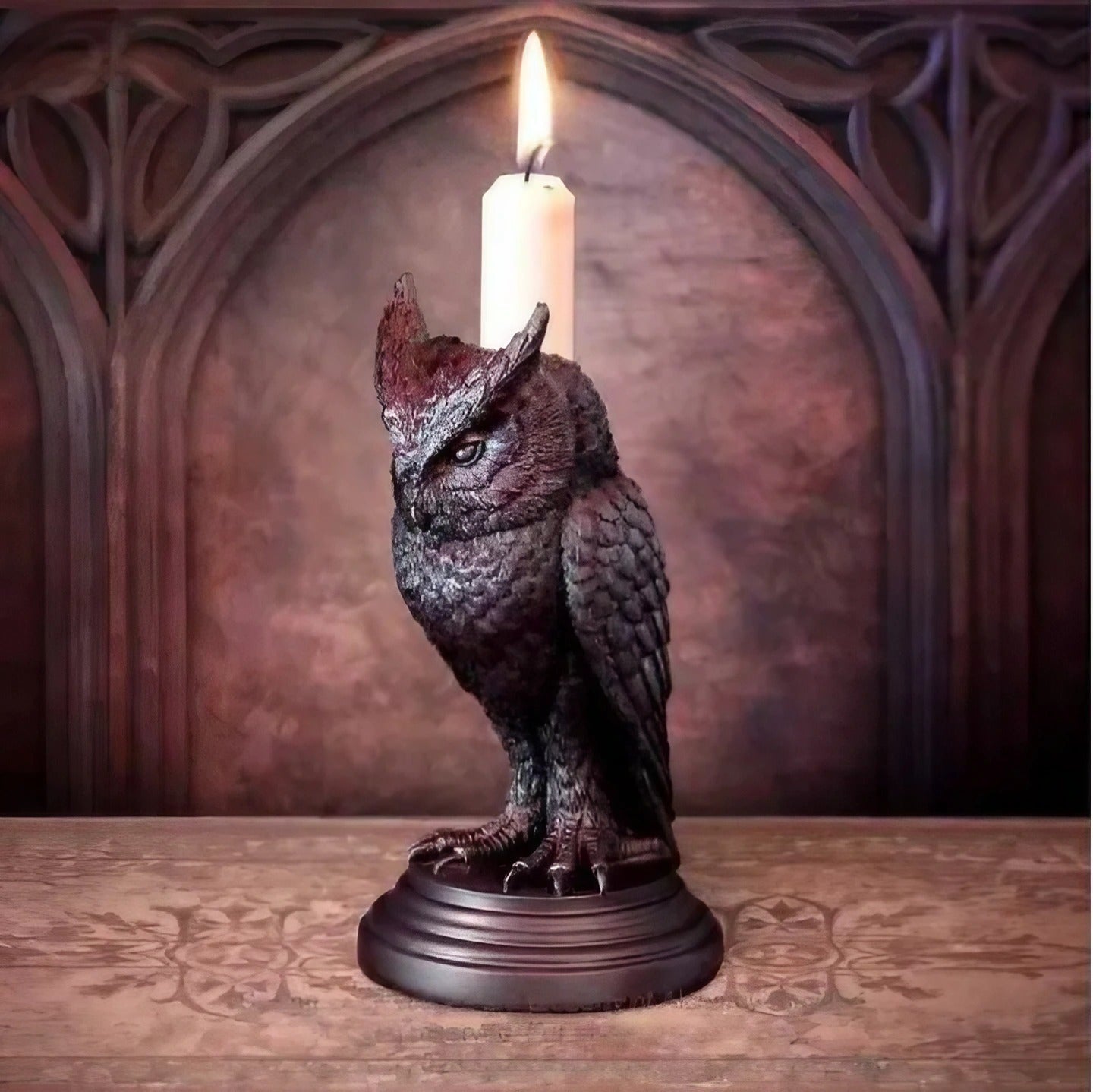 Gothic Halloween Candle Holder 🕯️ – Owl & Raven Resin Tabletop Décor