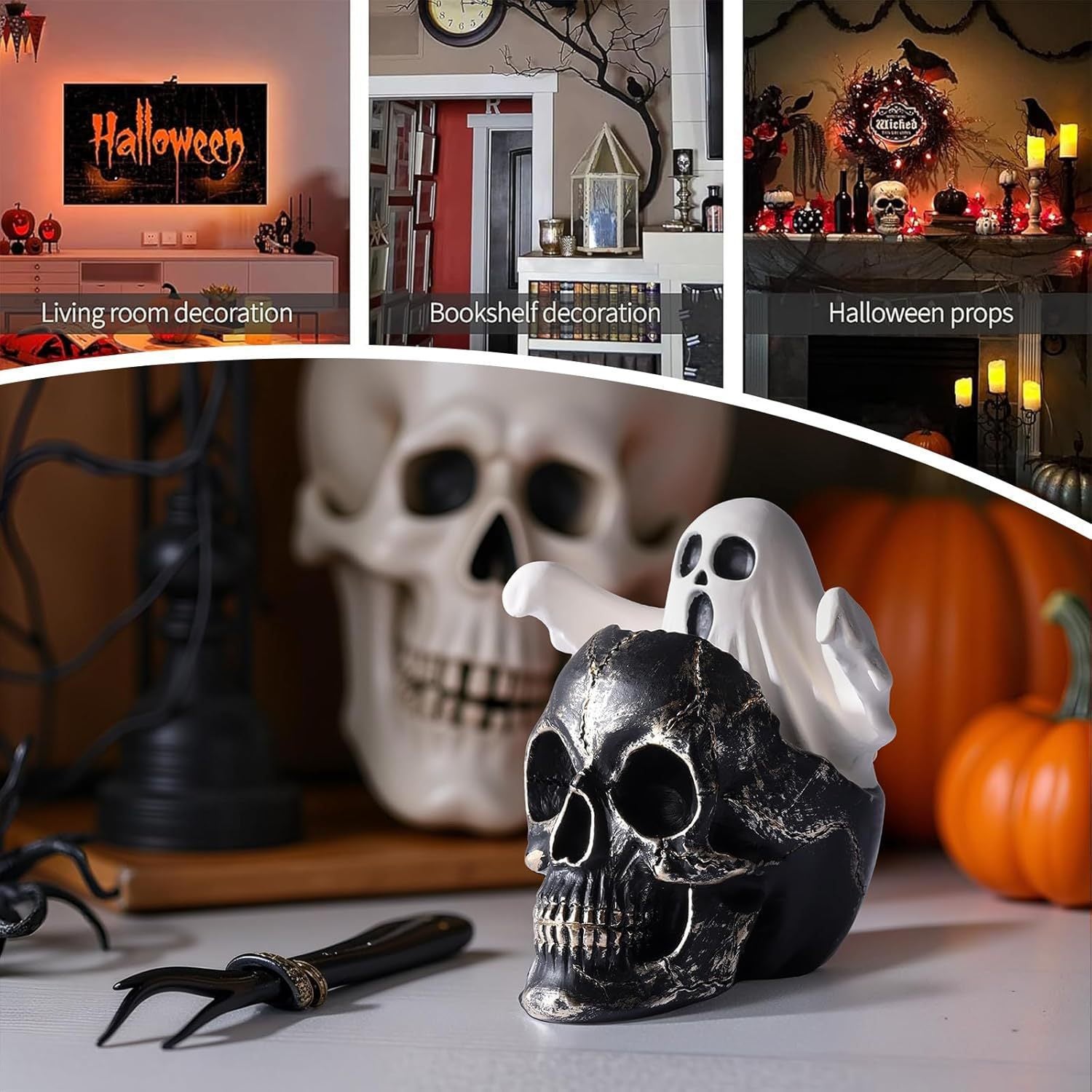 💀👻 Halloween Ghost Skeleton – Spooky Skull with Cute Little Ghost Figurine!