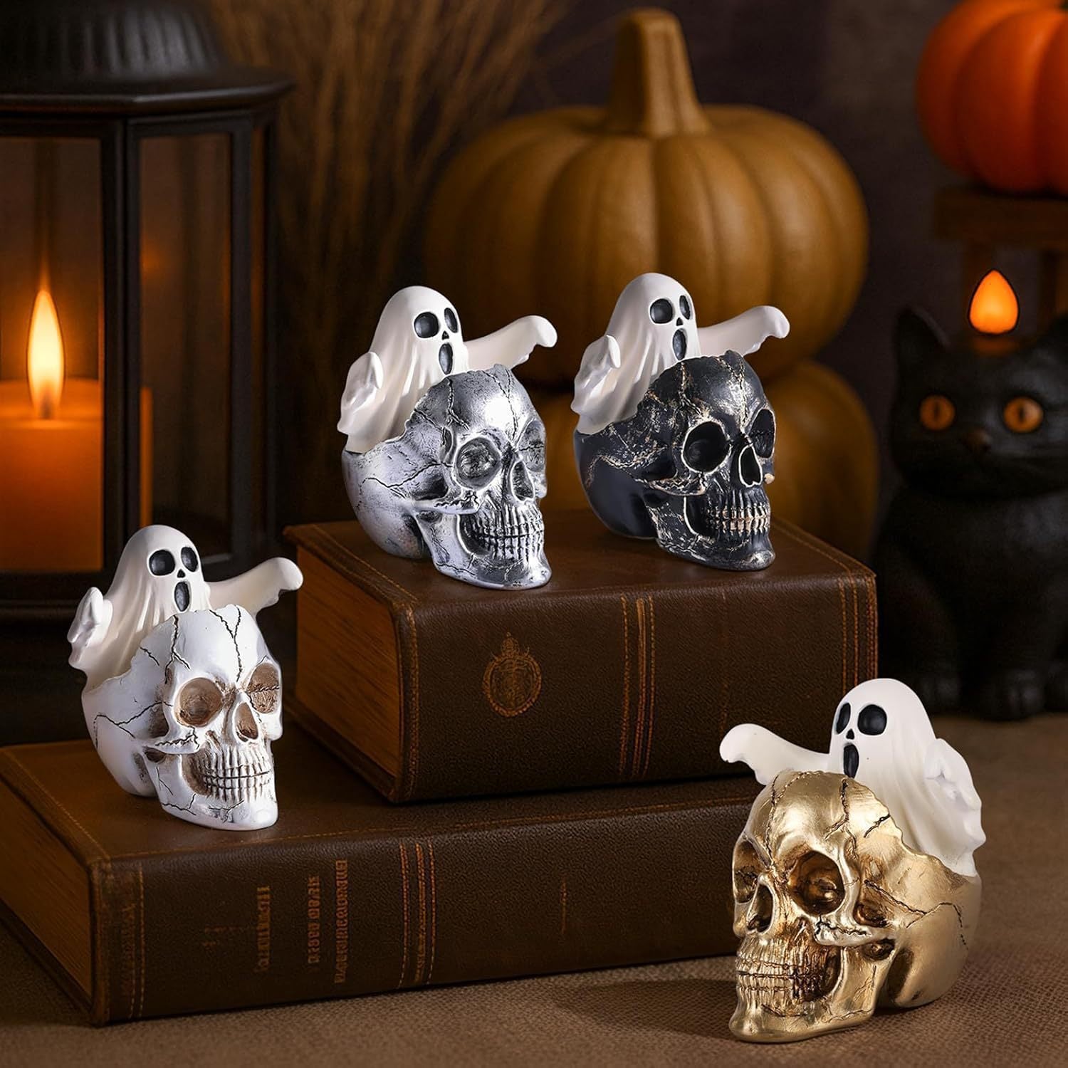 💀👻 Halloween Ghost Skeleton – Spooky Skull with Cute Little Ghost Figurine!