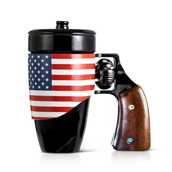 Patriot Revolver Mug – American Flag Cup with Gun Grip Handle