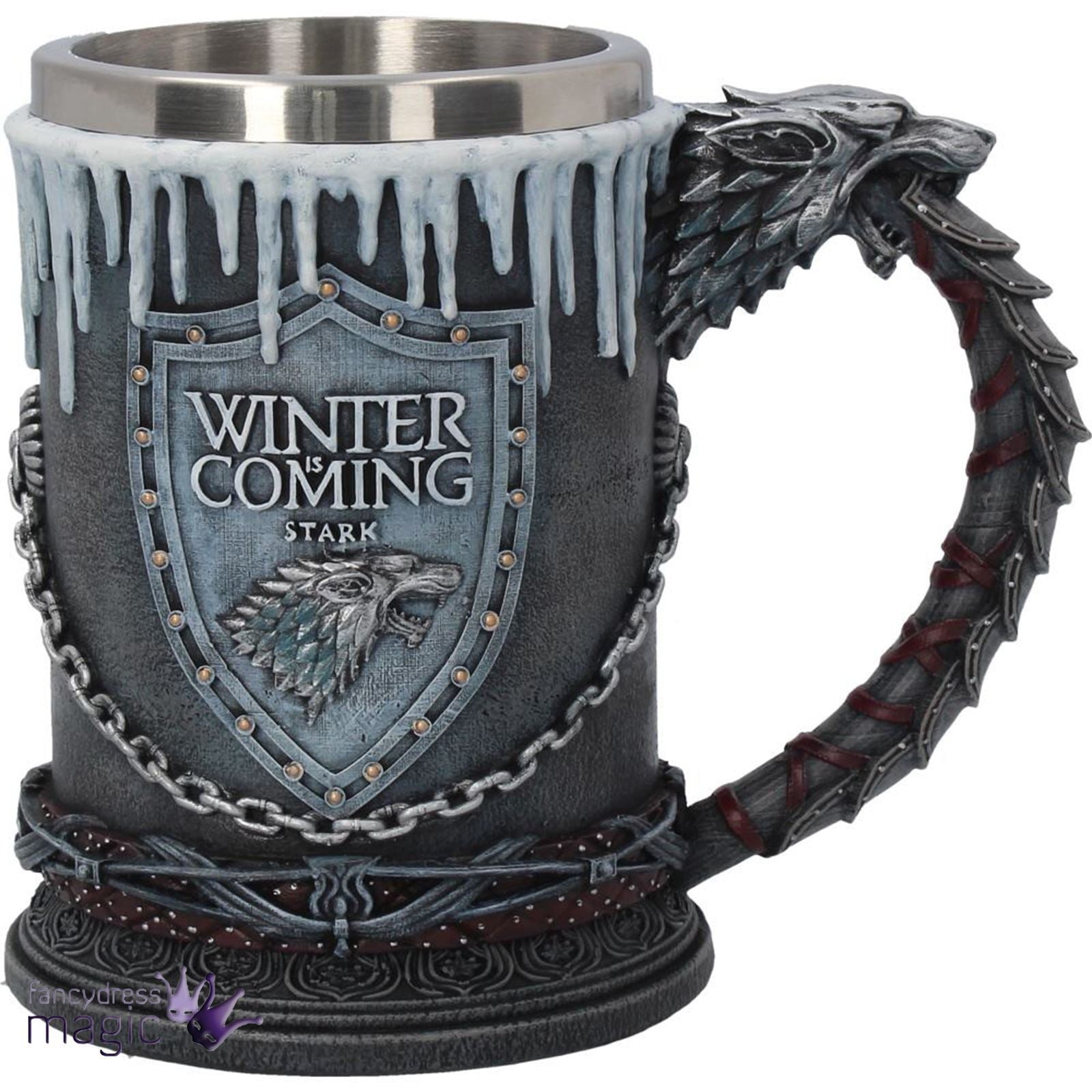 Game of Thrones Stark Family Beer Mug, 14oz Winter Is Coming Resin & Stainless Steel Tankard, House Stark Direwolf Viking Style Drinking Cup | 50% OFF, FREE SHIPPING
